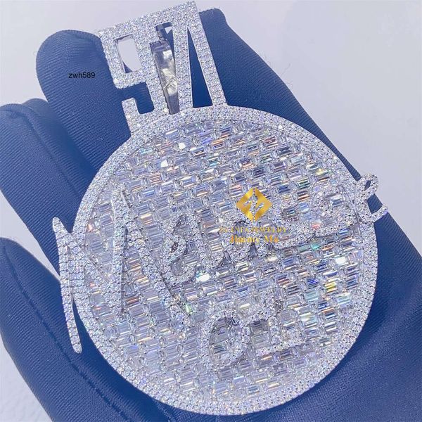 Designer de jóias venda quente S925 VVS Custom Made 925 Silver GRA Certificados congelados pingente Hip Hop Baguette Moissanite 3D Big Round Pendant Necklace