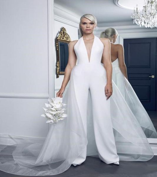 2020 novos vestidos de casamento plus size mulheres macacões com tule profundo decote em v puro branco praia vestido de casamento sexy voltar vestidos de noiva wd9314131