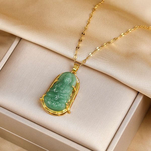 Nuova elegante collana con ciondolo Guanyin verde in acciaio inossidabile per donna, stile vintage, guardia di sicurezza femminile, gioielli, regalo di compleanno per ragazze