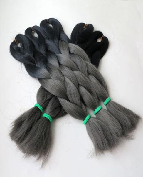 Kanekalon ombre trança de cabelo tranças de crochê 24 polegadas 100g preto cinza escuro dois tons sintético trança extensões de cabelo 8153616