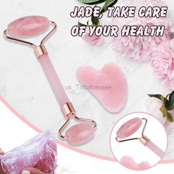 Massaggiatore per il viso Quarzo rosa naturale Gua Sha Set e strumento per massaggio di bellezza per il miglioramento del viso con rullo in pietra di giada per il corpo 240322