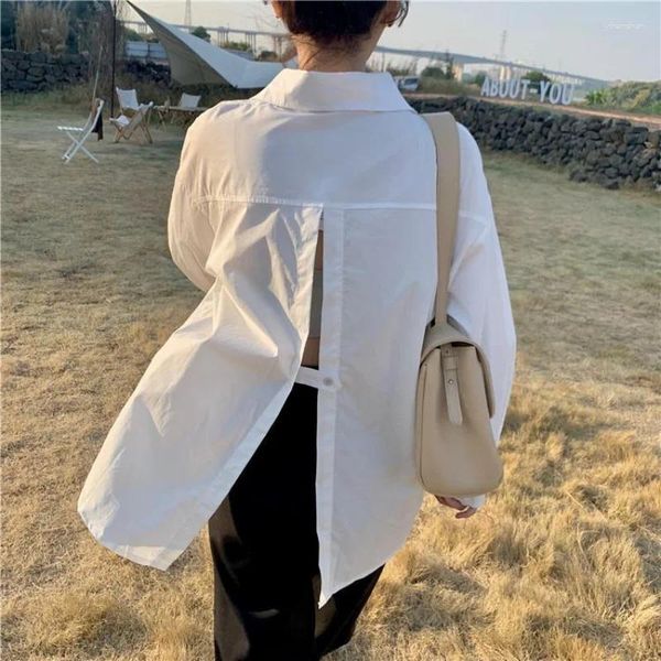 Camicette da donna HOUZHOU Camicie bianche stile coreano per le donne Camicetta asimmetrica oversize a maniche lunghe elegante chic donna Camicetta da donna