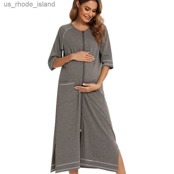 Sleep Lounge Roupas para mulheres grávidas, camisas com zíper, pijamas para a família, pijamas de manga de um terço para mulheres grávidas, cuidados com os seios e alimentaçãoL2403