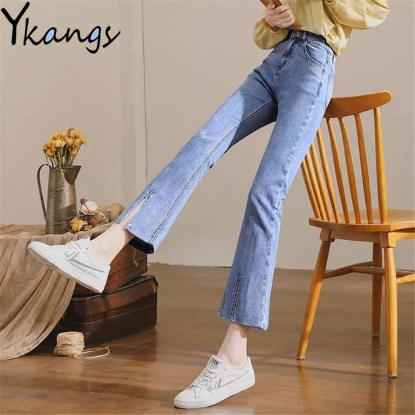 Stivali fessura anteriore elastica jeans svasato jeans alto in vita alta donna pantaloni in denim corto blu coreano semplice pantaloni di bootcut di base
