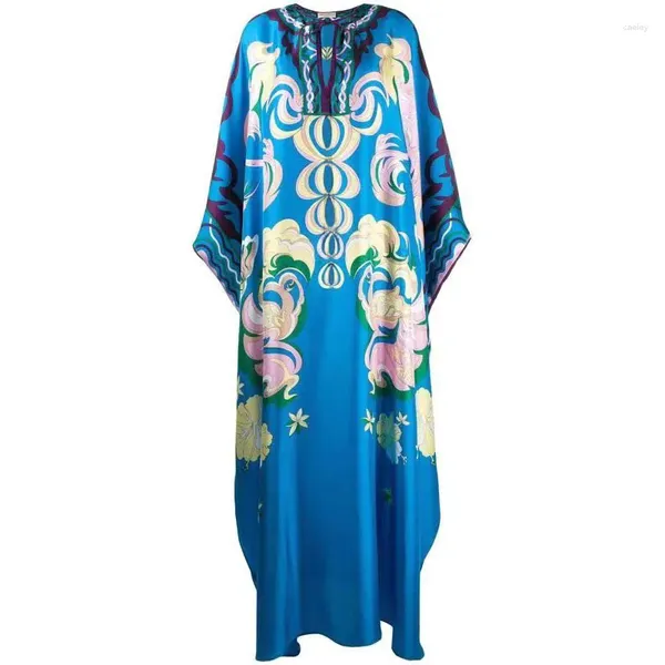 Vestidos casuais designer de luxo inspirado mulheres verão seda kaftan boêmio oversize solto longo maxi vestido azul