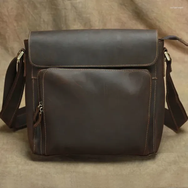 Borsa Nesitu Borse a tracolla da uomo piccole in vera pelle di cavallo pazzo di alta qualità vintage marrone caffè spesso M2