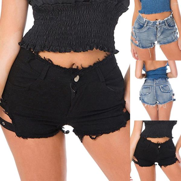 Shorts femininos sexy oco para fora denim cintura alta elástico rasgado jeans de verão para mulheres moda y2k meninas streetwear