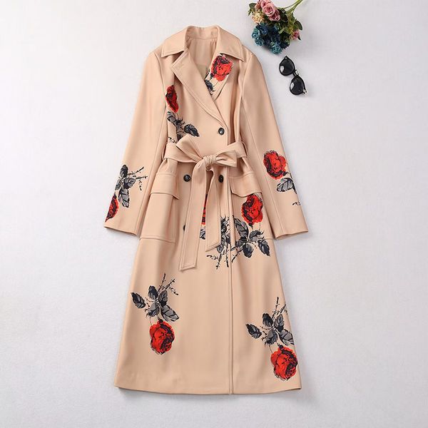 Frauen Dame Fomal Grace Rose Print Trenchcoat lange Designer Mode Mäntel 0731