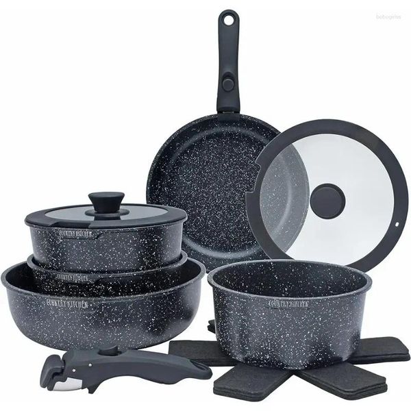 Set di pentole Set di pentole e padelle da cucina country da 13 pezzi - Antiaderente sicuro con manico rimovibile Forno per camper