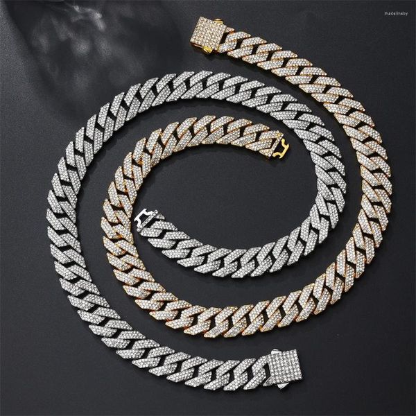 Correntes Hip Hop 15mm Prong Cuban Link Chain 3Row Iced Out Rapper Colares Pesados ​​para Homens Mulheres Gargantilha Jóias Primavera Fecho