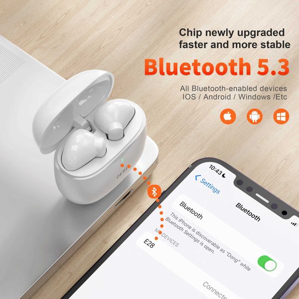 Наушники для сотового телефона Беспроводные наушники QERE E28 Новый TWS Bluetooth 5.3 HD Микрофон HIFI 13 мм Драйвер с низкой задержкой для игр Водонепроницаемый Q240322