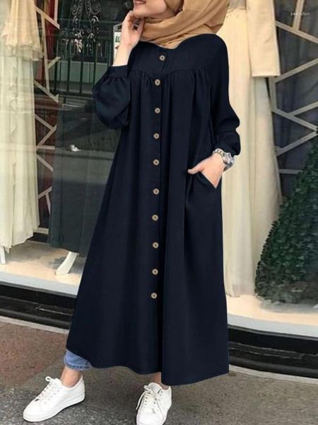 Этническая одежда 5XL, мусульманское платье, женская рубашка-хиджаб с длинным рукавом, макси, Vestidos, женский халат на пуговицах, Femme Musulman, однотонный сарафан с высокой талией
