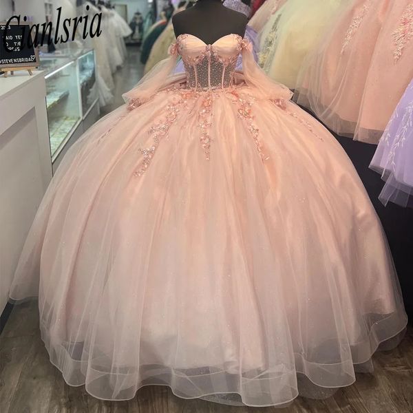 Коралловые платья Quinceanera 2024 с 3D цветочным принтом и открытыми плечами, платья для девочек на день рождения, выпускной, принцесса 15 16