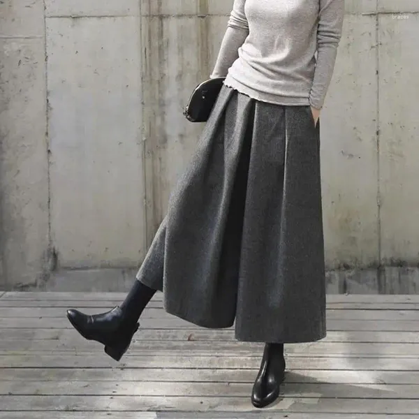 Röcke für Damen, elastische Taille, Wollrock, Hose, locker und schlank, weites Bein, abgeschnitten, Herbst und Winter