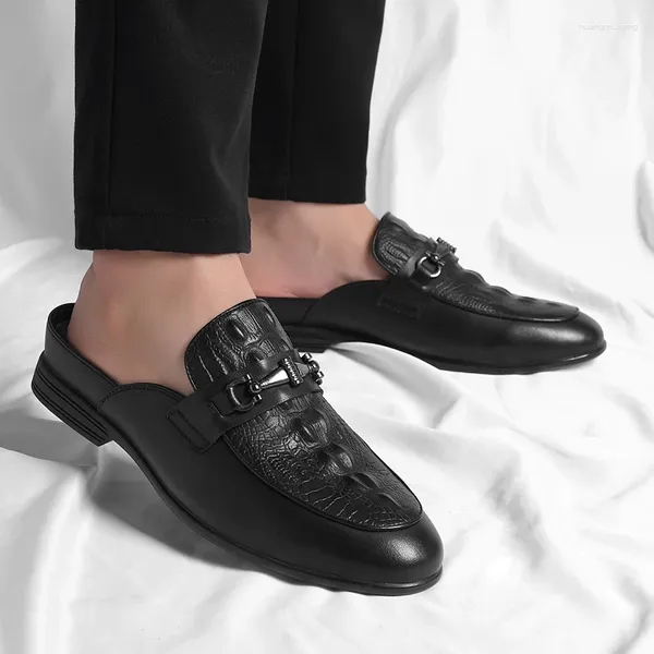 Sapatos casuais de couro genuíno preto metade para homens sapato mules moda designer de luxo marca mocassim baotou toe