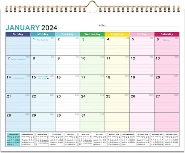 Calendario mensile da gennaio 2024, calendario con rilegatura a doppio filo, carta spessa e blocchi a righe per l'ufficio scolastico e domestico