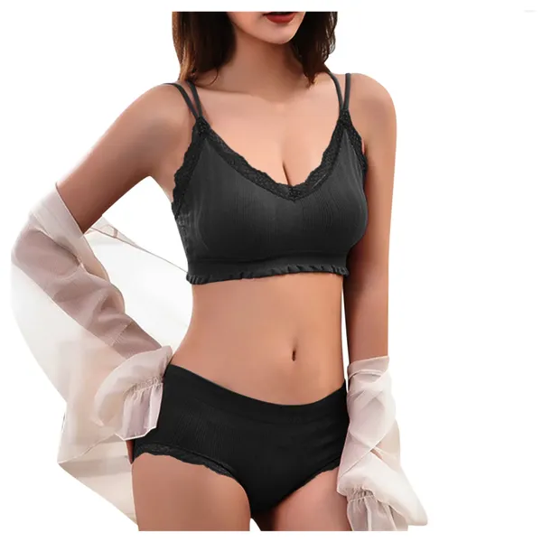 Set di reggiseni Set di reggiseno intimo tinta unita da donna 2024 Mutandine comode e traspiranti in pizzo 2 pezzi Abbigliamento intimo