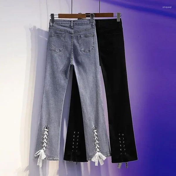 Женские джинсовые брюки для женщин, брюки S с высокой талией, укороченные расклешенные брюки с карманами, синие и расклешенные капри Z Cool