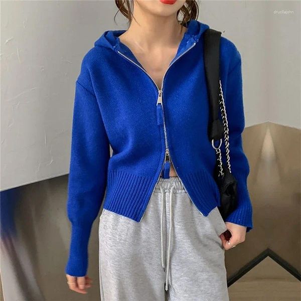 Damen-Strickpullover, langärmelig, blau, Strickpullover, Damen, kurzer, kleiner Reißverschluss, Kapuzenmantel, rosa Streetwear-Cardigan, Strickoberteil, Strickwaren