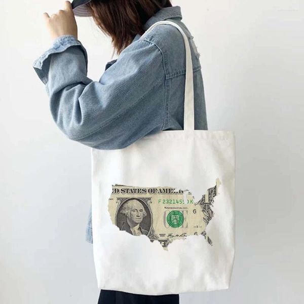 Borse da sera Soldi indietro Cartoon Mappa americana Dollari Tote Shopping Bag Canvas Borse a tracolla riutilizzabili estive di grande capacità