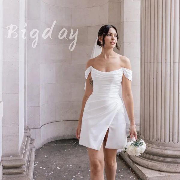 Abiti da sposa corti eleganti Donna 2024 Bianco aperto sul retro con spalle scoperte Piega in raso Abito da sposa spaccato laterale Abiti da Noiva 240321