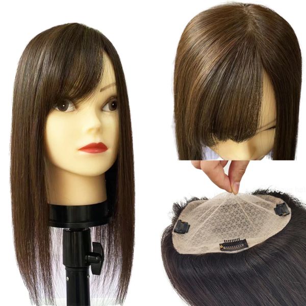 Toppers Capelli castani Topper con frangia laterale per donna Sovrapposizioni Base pelle Toupee 5X5 pollici Parte superiore del cuoio capelluto Clip di frangia 4D nei posticci