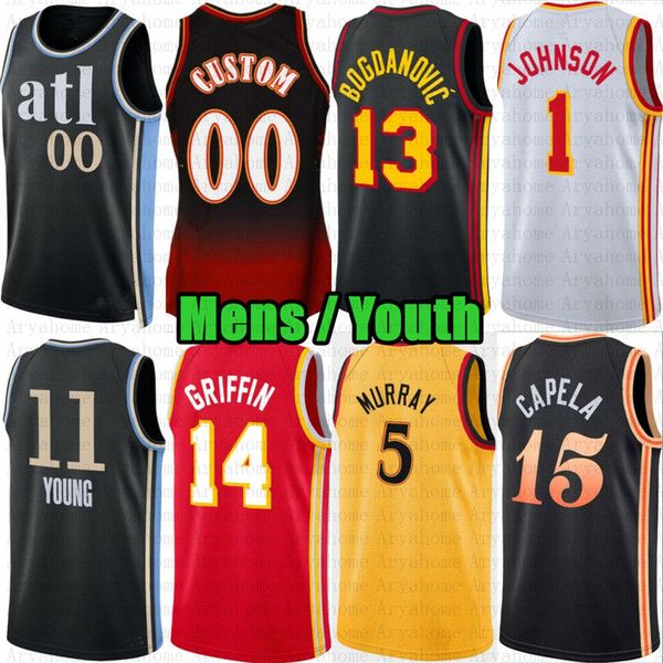 Maglia da basket personalizzata da uomo Trae Young Dejounte Murray Atlantas Clint Capela Saddiq Bey Hawk Bogdan Bogdanovic DeAndre Hunter AJ Griffin City Okongwu