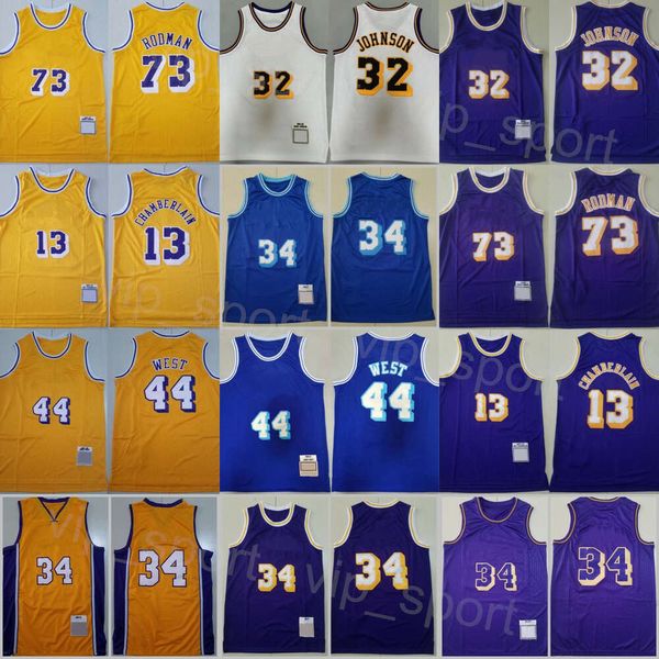 Maglia da basket retrò Jerry West 44 Uomo Vintage Dennis Rodman 73 Wilt Chamberlain 13 LeBron James 23 Johnson 32 Ricamo ritorno al passato Viola Giallo Bianco Blu