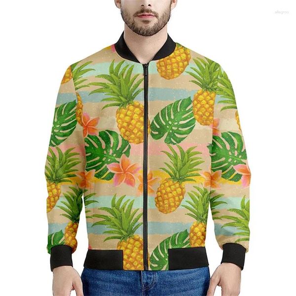 Giubbotti da uomo Moda Frutta Ananas Giacca con cerniera per uomo Felpa con stampa 3d Piante tropicali Felpa Cool Street Bomber Top Cappotto