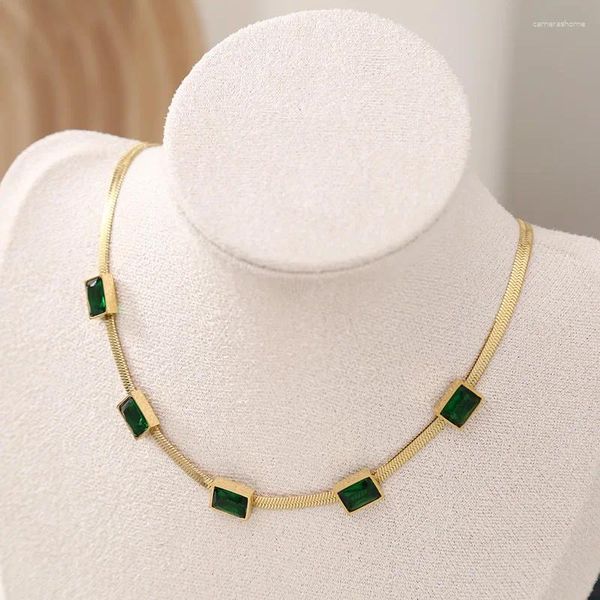 Collane con ciondolo SZN acciaio inossidabile 316L placcato oro verde quadrato cristallo zircone perline collana per donna catena clavicola di alta qualità
