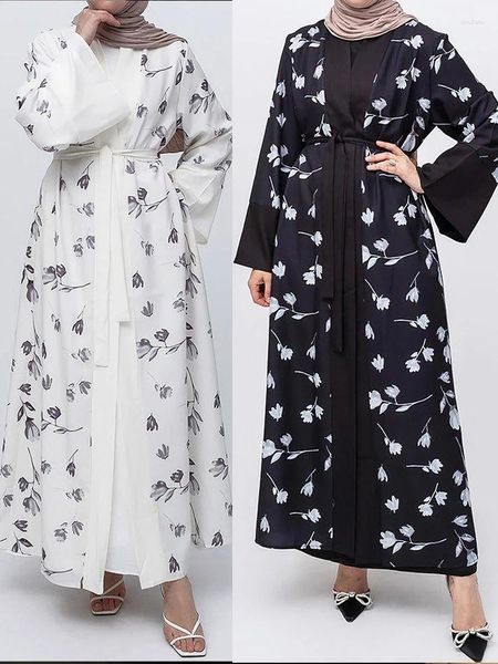 Ethnische Kleidung Eid Muslim Abayas Frauen Party Abaya Print Flare Sleeve Cardigan Marokko Kaftan Ramadan Lace-up Islam Dubai Arab Long Robe