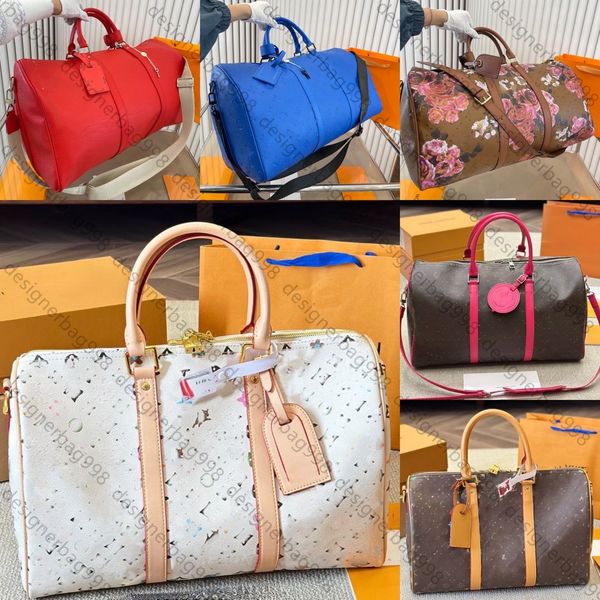 Yeni stil yüksek kaliteli tasarımcı duffle çanta erkek ve kadın moda seyahat çantası eski çiçekler ayarlanabilir omuz askısı kaplı tuval deri yatılı çanta çapraz çanta