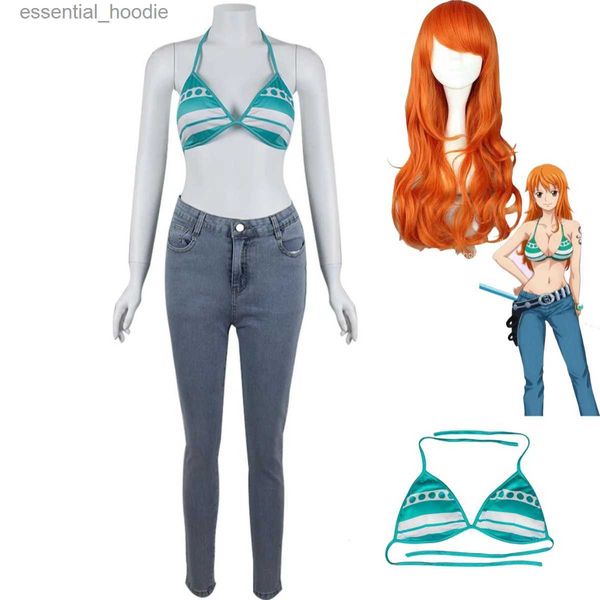 cosplay Costumi anime Nami Cosplay Vieni 2 anni fa costumi da bagno a righe verdi e bianche jeans bikini estivo set carnevale sexy da donnaC24321