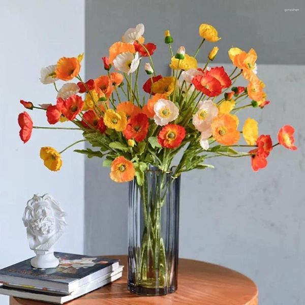 Fiori decorativi Stelo floccato di colore Vero tocco Realistico Elegante Piante di seta Papaveri finti Bouquet artificiale di Rhoeas finto