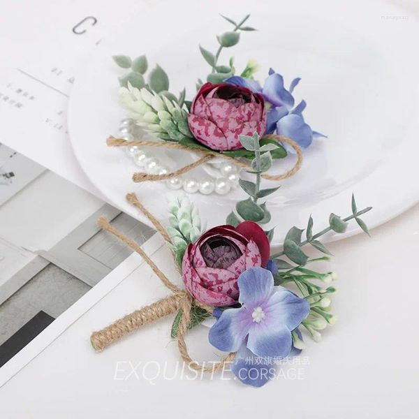 Fiori decorativi 1 pz Fiore da polso da sposa Damigella d'onore Sorella Gruppo Coreano Mori Rose Spilla da sposo Set corpetto