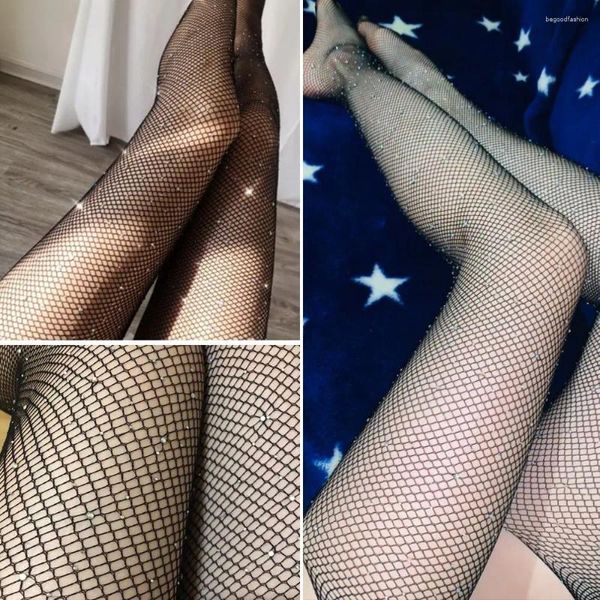 Meias femininas moda brilhante strass fishnet meias apertadas meia-calça malha aberta virilha