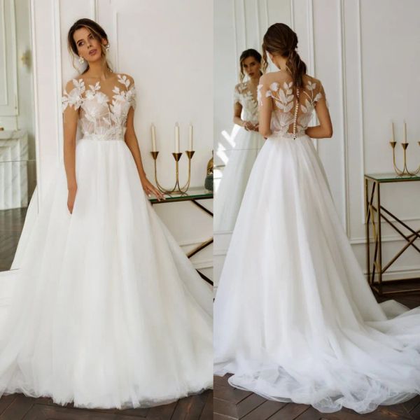 Bohemain uma linha vestidos de casamento sheer neck apliques babados vestido de casamento ilusão sem costas varredura trem vestidos de noiva robes de