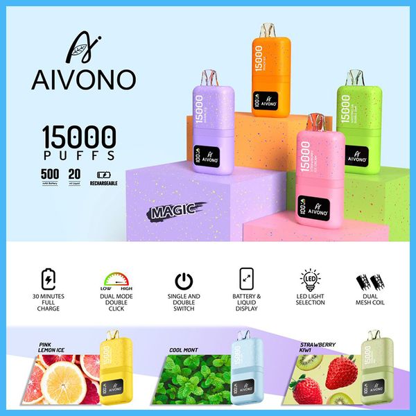 Autentica penna Vape per sigaretta elettronica usa e getta AIVONO Magic 15000 con batteria ricaricabile da 500 mAh Batteria da 20 ml Display con bobina a rete Pod 15000puff Dual Mode EU Free