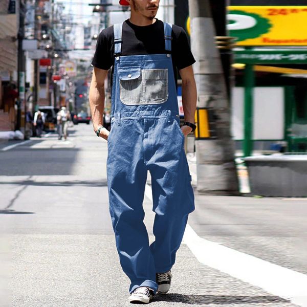 Salopette in denim vintage da uomo. Tasche per tute con cinturino regolabile e gamba larga oversize. Jeans cargo streetwear Harajuku