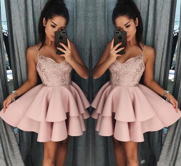 Dusty Rose Curto Homecoming Vestidos New Fall Spaghetti Straps A Line Layers Cocktail Dress Lace Lantejoulas Mini Prom Gowns1012919