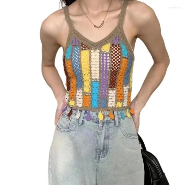 Canotte da donna Bohemien scavato all'uncinetto canotta lavorata a maglia gilet nappe colorate spalline sottili senza maniche scollo a V top corto