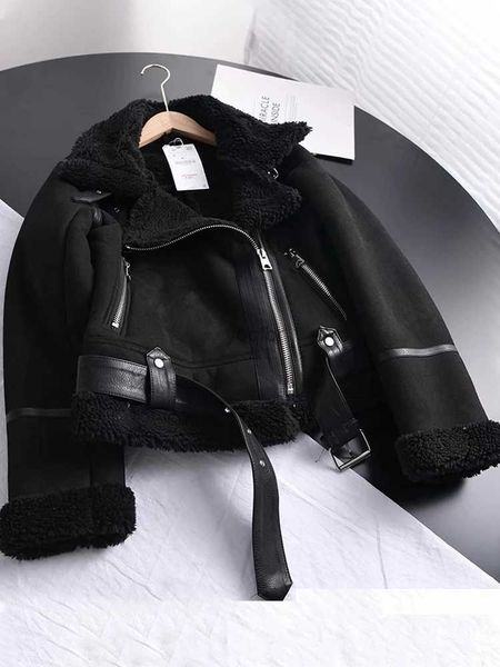 Pele feminina pele sintética inverno vintage camurça cordeiro jaqueta curta feminina grossa quente moto bicicleta casaco preto feminino faixas jaqueta de couro falso outwear com cinto l2403