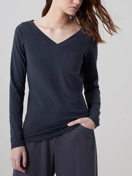 Kadın Tişörtleri Bir Cep Boncuk Zinciri Kadınlar Uzun Kollu T-Shirt Sıradan V yakalı dişi Alt Külot Tees 2024 Bahar