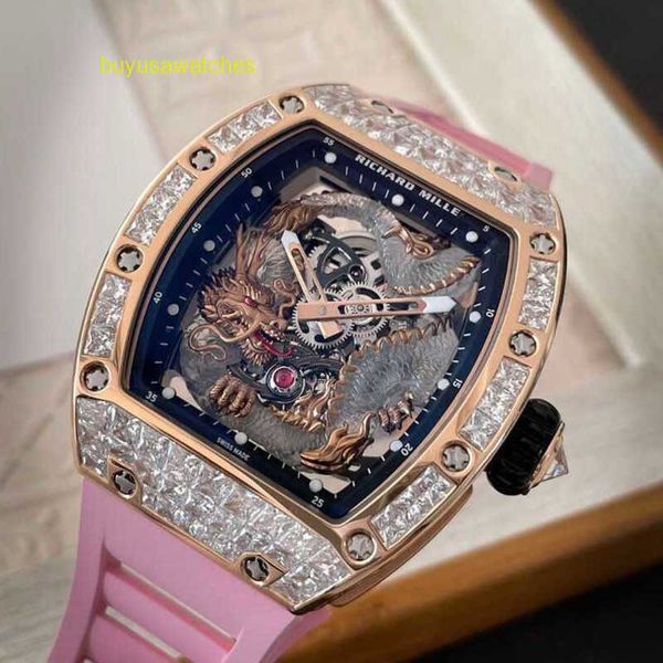 Relógio masculino feminino relógio de pulso rm Rm57-03 original diamante rosa ouro cristal dragão edição limitada lazer rm5703 cronógrafo