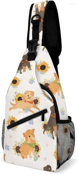 Mochila cães padrão girassóis sling saco crossbody ombro sacos de peito impressão viagem daypack para mulheres homens unisex casual