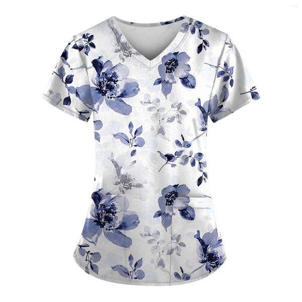 Camisas femininas moda com decote em v blusa de manga curta enfermeiras uniforme workwear com bolsos impressos topos verão protetor para mulher