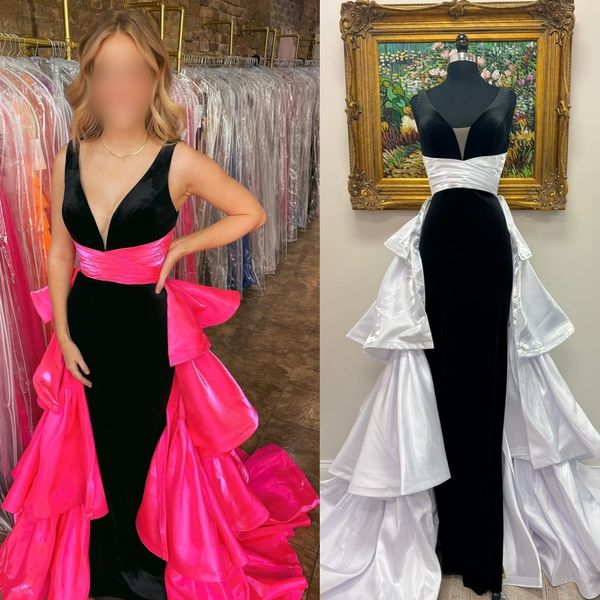 Kadife donatılmış balo elbisesi v yaka fırfır saten overkirt lady pageant balo bahar kış resmi akşam etkinliği hoco gala kırmızı halı elbisesi pist siyah sıcak-pembe