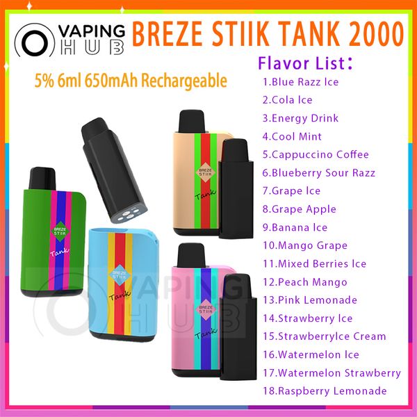 Authentischer Breze Stiik Tank 2000 Einweg-Elektronik-Zigaretten-Netzspule, wiederaufladbar, 650-mAh-Akku, 2 % 5 % Füllstand, 6 ml vorgefüllter Pod, 18 Flavours Puffs, 2000 Vape Pen