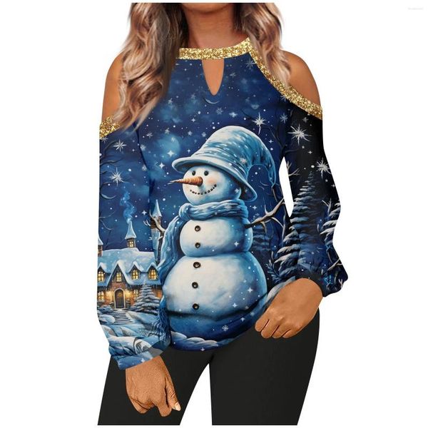 Kadın Tişörtleri Retro Kadınlar Noel Gömlek Snowman 3D Baskı Sweatshirt Sonbahar Moda O boyun boyunlu uzun kollu bluz Lady Sıradan Gevşek Kazak