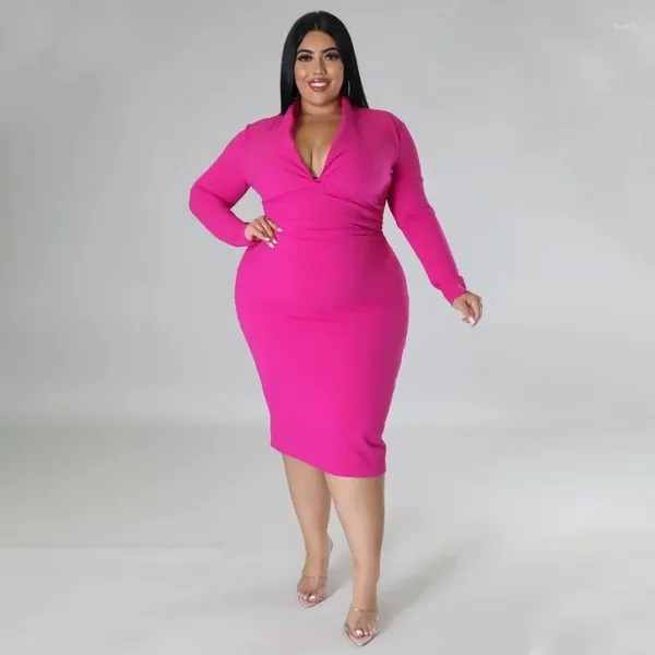 Vestidos plus size kexu sólido elegante feminino com decote em v manga longa bodycon bandage vestido 2024 primavera moda na altura do joelho vestidos